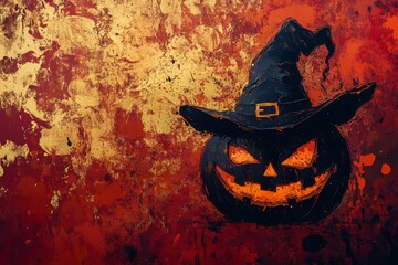 A dramatic jack-o'-lantern wearing a witch's hat against a textured backdrop of fiery reds and golds, evoking a Halloween mood.