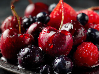 Fresh, vibrant berries on a dark plate, glistening with moisture.