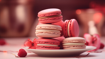 P&acirc;tisserie fran&ccedil;aise, macarons de couleur rose. Nourriture luxueuse, macarons go&ucirc;ts fraise, framboise, vanille. Nourriture pour conception et cr&eacute;ation graphique. 