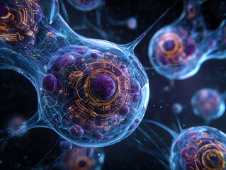 Futuristic depiction of microscopic cells interacting beautifully.