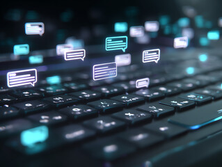 Modern keyboard with floating message icons representing communication.
