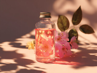 A beautifully arranged glass bottle with pink flowers inside.