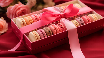 P&acirc;tisserie fran&ccedil;aise, macarons de couleur rose. Nourriture luxueuse, macarons go&ucirc;ts fraise, framboise, vanille. Nourriture pour conception et cr&eacute;ation graphique. 