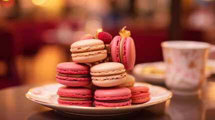 P&acirc;tisserie fran&ccedil;aise, macarons de couleur rose. Nourriture luxueuse, macarons go&ucirc;ts fraise, framboise, vanille. Nourriture pour conception et cr&eacute;ation graphique. 