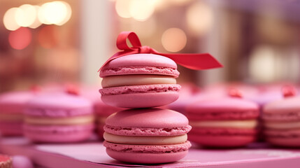 P&acirc;tisserie fran&ccedil;aise, macarons de couleur rose. Nourriture luxueuse, macarons go&ucirc;ts fraise, framboise, vanille. Nourriture pour conception et cr&eacute;ation graphique. 