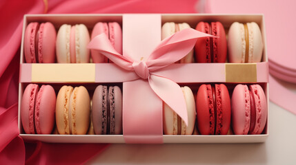 P&acirc;tisserie fran&ccedil;aise, macarons de couleur rose. Nourriture luxueuse, macarons go&ucirc;ts fraise, framboise, vanille. Nourriture pour conception et cr&eacute;ation graphique. 