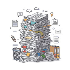 A massive stack of paperwork sits precariously near a trash bin and binders.