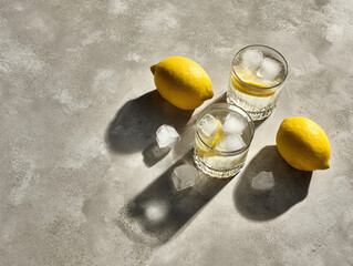 Fresh lemons and ice-filled glasses on a textured surface.
