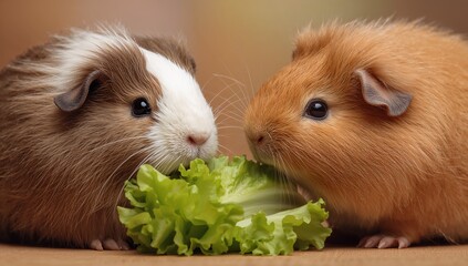 Fototapeta premium Two small brown and white guinea pigs eating lettuce