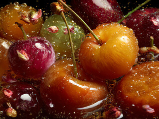 Colorful fruits splashing in bubbles, showcasing freshness and vibrancy.