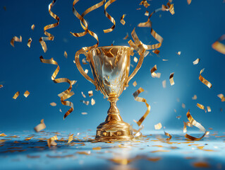 Golden trophy with confetti symbolizing victory and celebration.