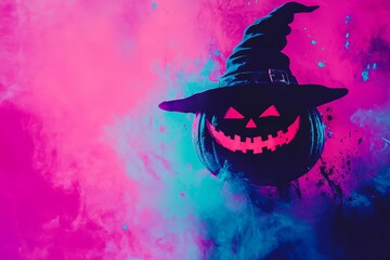 Fototapeta premium A spooky jack-o'-lantern, adorned with a witch's hat, is set against a backdrop of vibrant pink and teal colored smoke.