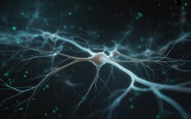 Fototapeta premium Close-up dynamic view of interconnected neurons firing signals, illuminating the brain's complex neural network.