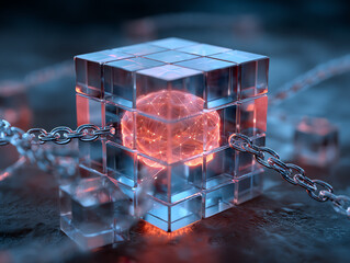 Abstract representation of a glowing cube with chains and energy.