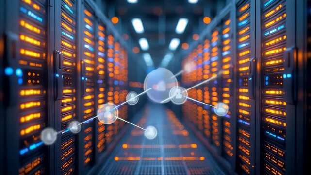 Modern data servers with glowing orange lights and digital connections inside technology center showing advanced network infrastructure