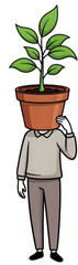 A person with a plant pot for a head stands in a vibrant garden, symbolizing growth and sustainability