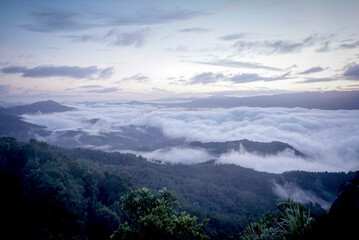 Fototapeta premium The white mist on the sea waves floats on the top of the high mountain. The morning sunlight shines through, looking warm and refreshing.