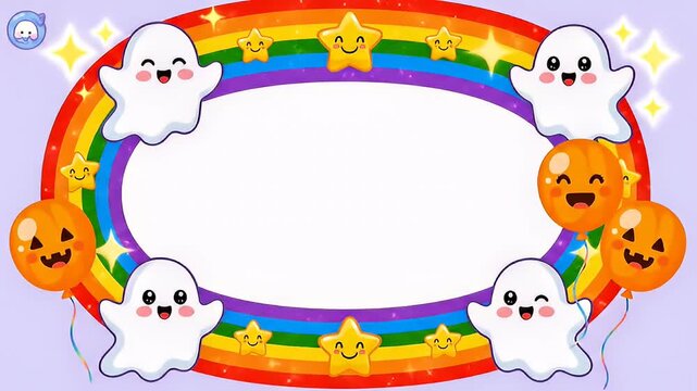 cute halloween ghosts rainbow frame with pumpkin balloons