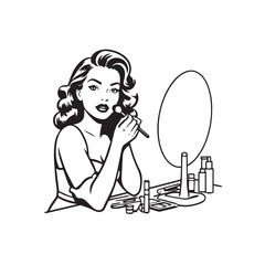 Black and white line art of a beautiful woman doing makeup at dressing table with mirror illustration
