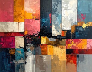 Colorful Abstract Geometric Design with Splatter Paint Pattern on Textured Canvas in Shades of Orange Red Gray Black and White