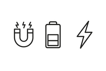 Magnet, battery, and lightning bolt line icon set. Simple vector symbols for power, electricity, and energy. Modern outline style for web, apps, UI, and UX design.