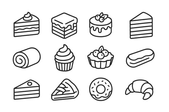Cakes and pastries icon set. Outline collection of sweet desserts for bakery and cafe menu. Vector line art symbols of cupcake, donut, pie, croissant, and eclair. - Powered by Adobe