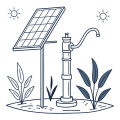 Hand drawn illustration of a solar powered water pump with sun and plants representing sustainable energy and resource management