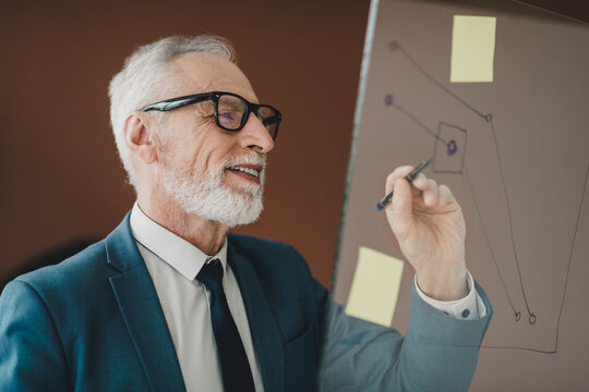 Professional mature businessman in a formal suit working at the office and drawing on a transparent board, explaining concepts