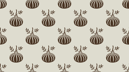 Seamless pattern featuring stylized brown figs with small leaves on a light beige background repeated design