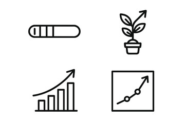 Business growth outline icon set. Finance progress, success, and investment concept icons. Vector line art of bar chart, graph, growing plant, and loading bar symbols.