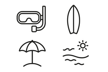 Beach and summer vacation line icon set. Diving mask, snorkel, surfboard, sun, sea waves and umbrella outline icons. For web design, apps, travel agency ads, infographics.