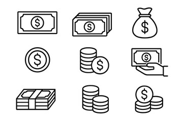 Money line icon set. Cash, dollar banknote, coin stack, and money bag. Finance, currency, payment, investment, banking concept. Editable stroke vector pictogram collection.