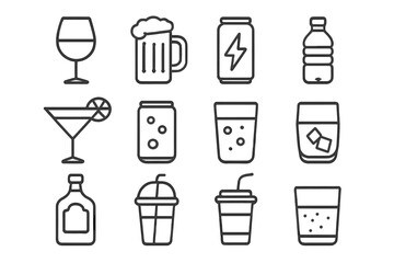 Drink and beverage line icon set. Vector collection of thin outline symbols. Alcohol, soft drink, beer, wine, cocktail, soda, juice, water. For web and app design.