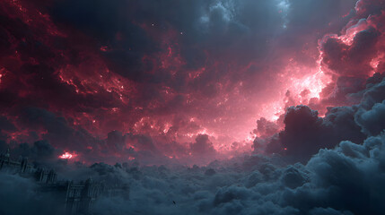 Naklejka premium A photorealistic panoramic shot of angelic armies descending through storm-torn clouds, radiant gates glowing in the distance, rebel legions clashing beneath crimson lightning,