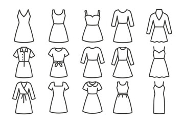 Set of dress line icons. Collection of female clothing pictograms. Women's fashion and apparel symbols for web, apps, or infographics. Vector minimalist outline illustrations.