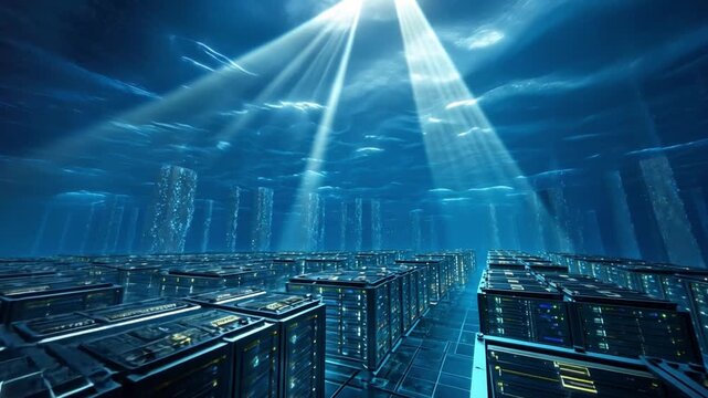An underwater data center with glowing servers submerged in the deep sea, a scene of future technology and sustainability.