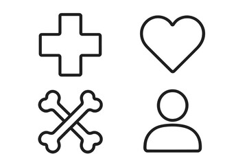 Medical line icon set. Health care symbols pack. Minimalistic linear pictograms of medical cross, heart, bones. Vector graphic for web design, apps, clinic, hospital, first aid.