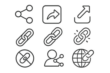 Share and link icon set. Line art connection symbols for web and app UI design. Vector outline pictogram pack for interface. Send, network, hyperlink, connect signs.