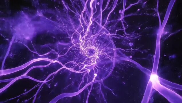 Abstract visualization of a glowing purple neural network representing synaptic connections and information pathways within the human brain
