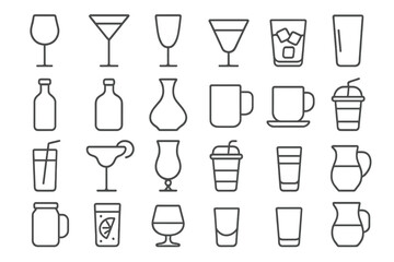 Drink and beverage glass line icon set. Collection of simple outline icons for bar menu, cafe, and restaurant. Vector symbols of glassware, cocktail, wine, and coffee cup.