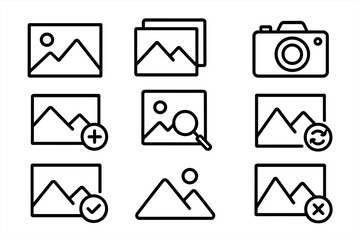 Photo gallery and image line icon set. Vector picture symbols for web design, UI, UX, and apps. Includes camera, add, search, refresh, and checkmark outline signs.