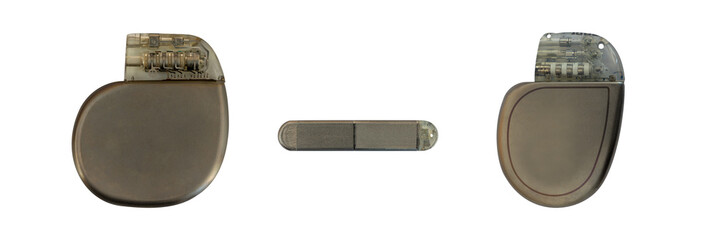 Modern cardiac pacemaker devices and implantable loop recorder medical equipment isolated on transparent background, png