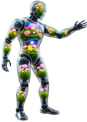 Futuristic humanoid robot adorned with colorful flowers, standing in a vibrant garden setting
