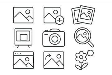 Photography line icon set. Photo gallery, camera, add picture, image search, and edit outline pictograms. Vector symbols for website UI, mobile app, and graphic design.