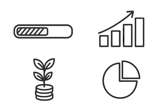 Business growth and data analysis vector icon set. Progress bar, bar chart, investment growth plant with coins, and pie chart. Editable stroke line icons for infographics.