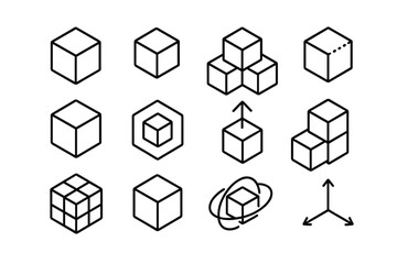 Cube icon set line art collection. 3D box and block shapes for logo design. Abstract geometric isometric vector illustration for blockchain, data, and technology concepts.