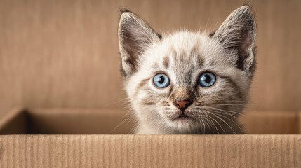 Cute blue-eyed kitten sitting in cardboard box looking curious and alert, perfect for pet-themed concepts, adoption ads and animal-related content.