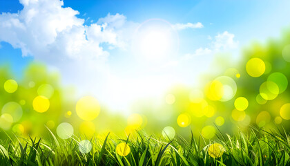 Fototapeta premium Dreamy spring bokeh background in vibrant green, blue, and yellow tones.