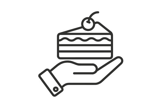Hand holding piece of cake line icon. Giving sweet dessert, food service symbol. Birthday celebration, bakery or patisserie concept. Minimalist reward or treat vector sign.