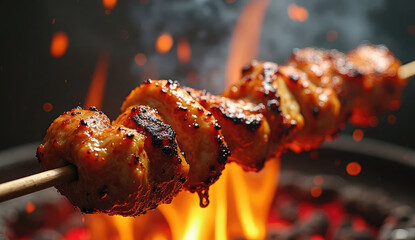 Deliciously Grilled Chicken Skewers Sizzle Over Hot Charcoal